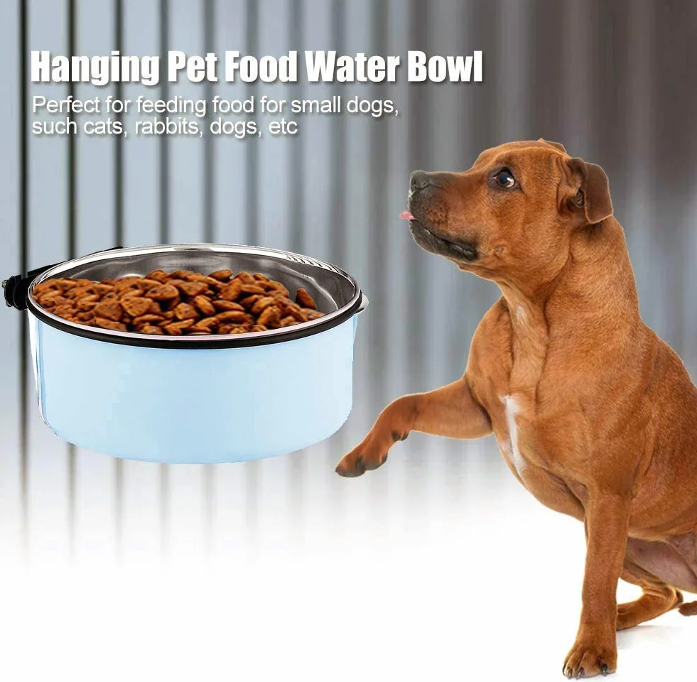 Ciotola d'acqua per gabbie e gabbie per cani, 2 in 1, ciotola da appendere per animali domestici, in acciaio inox, ciotola per cani di medie dimensioni (blu, 1,7 l/1 pezzo)