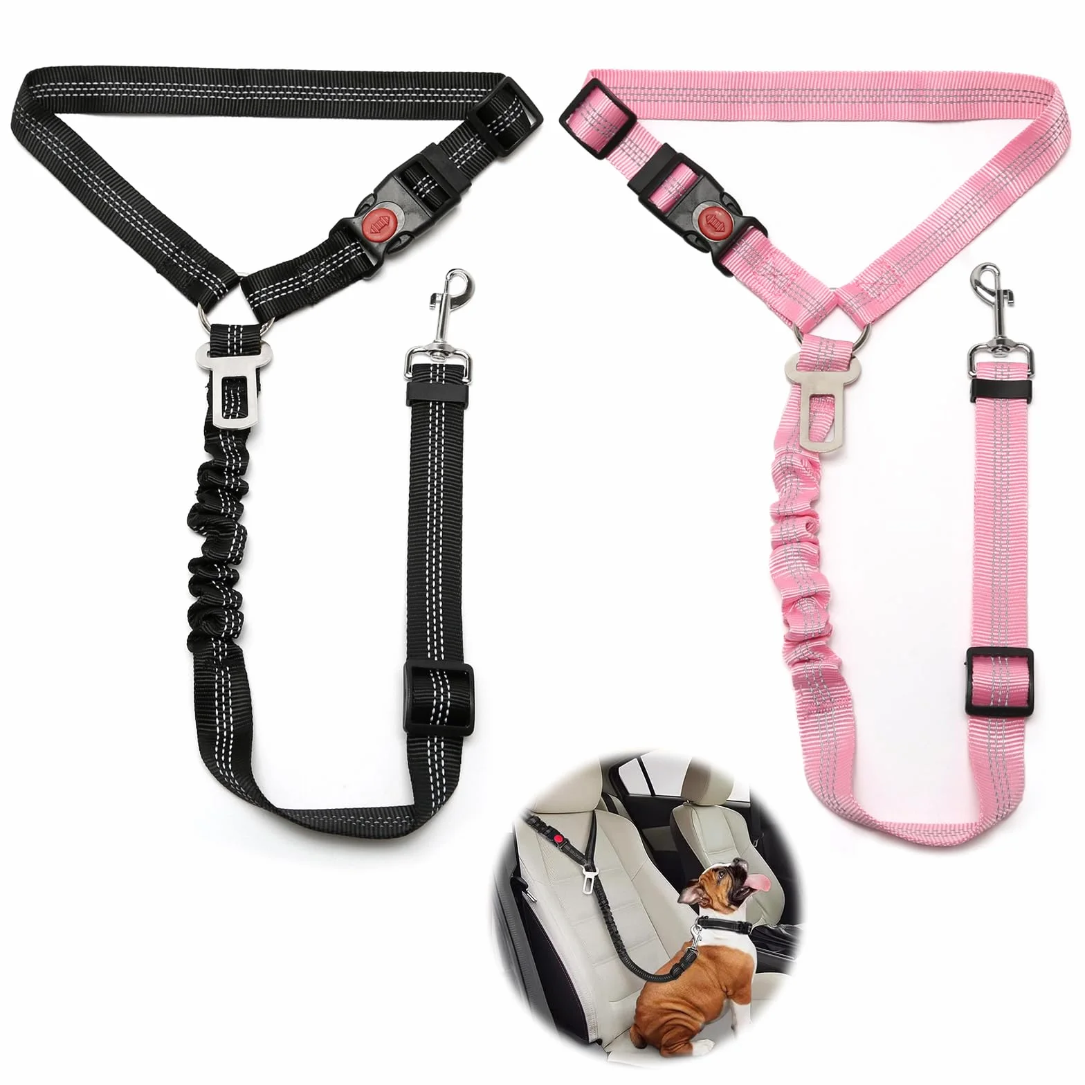 2 Pezzi Regolabile Cintura Sicurezza Cani Auto, Animale Ammortizzante Elastico Antiurto Cintura di Sicurezza Auto Adatto per Automobili(Nero+Rosa)