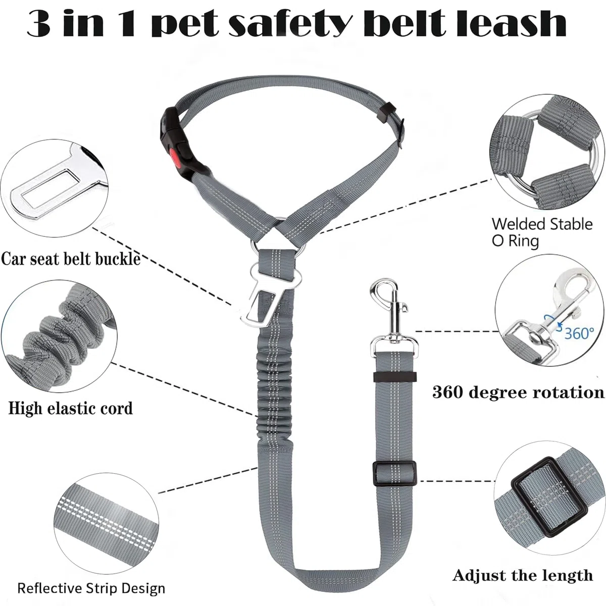 2 Pezzi Regolabile Cintura Sicurezza Cani Auto,Cintura Sicurezza dog per Poggiatesta,Cintura per dog in nylon elastico,per Tutte Cani per Auto Viaggio Sicurezza（grigio）