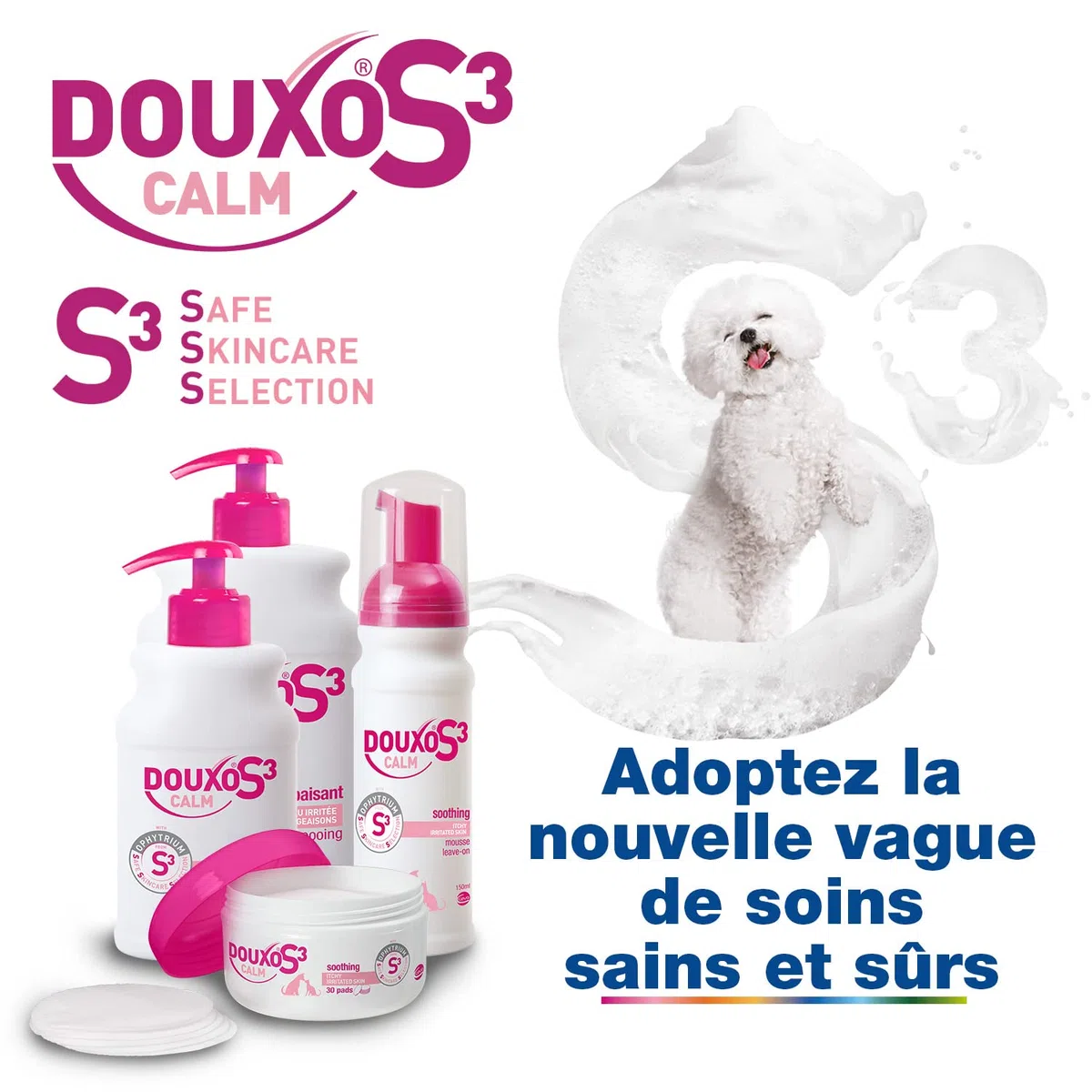 Douxo S3 Calm Pads, 30 Cotoni impregnati di un trattamento lenitivo per cani e gatti con allergie, prurito o arrossamento