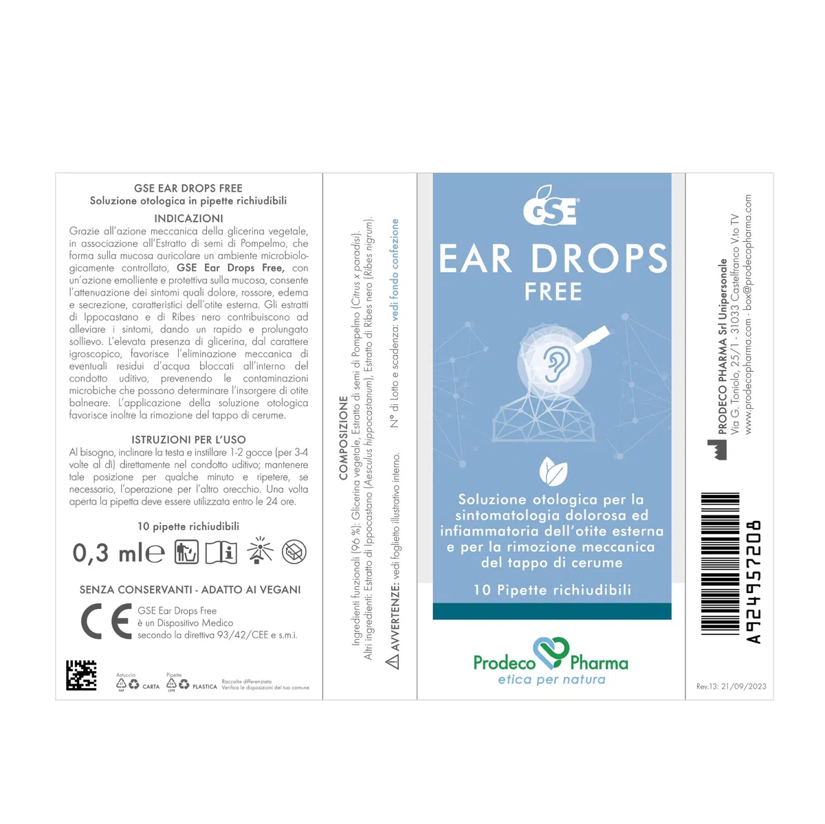 Prodeco Pharma GSE EAR DROPS FREE 10 Pipette Richiudibili per Uso Otologico